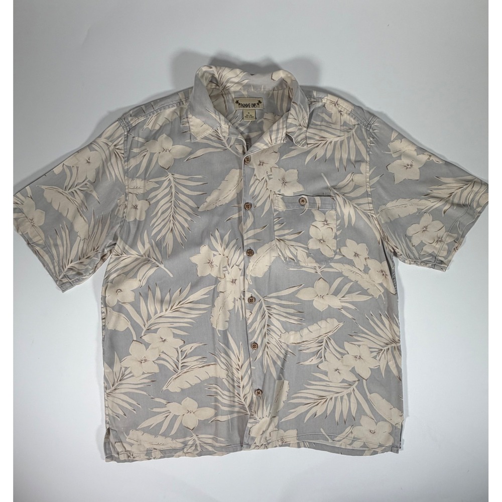 Paradise Coves Mens XL Silk Hawaiian Shirt Grey Tropical Floral Boho Old Money